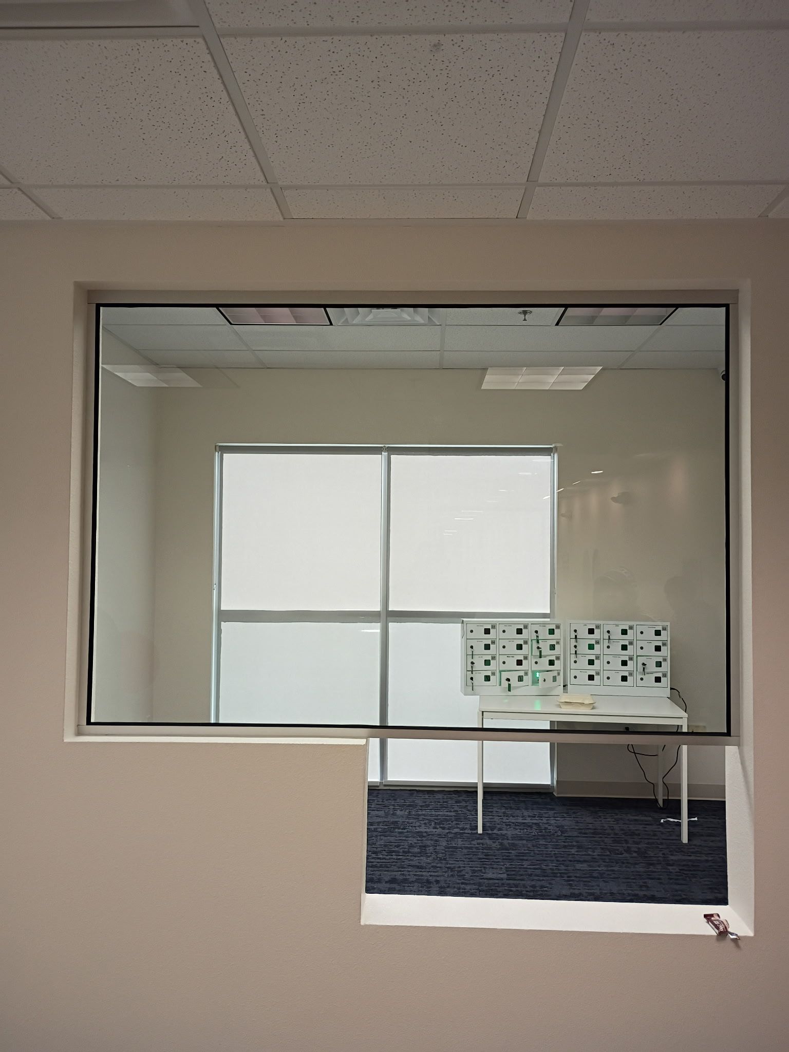 View through a window into an empty office with carpet, partition wall, and a small sign on the far wall