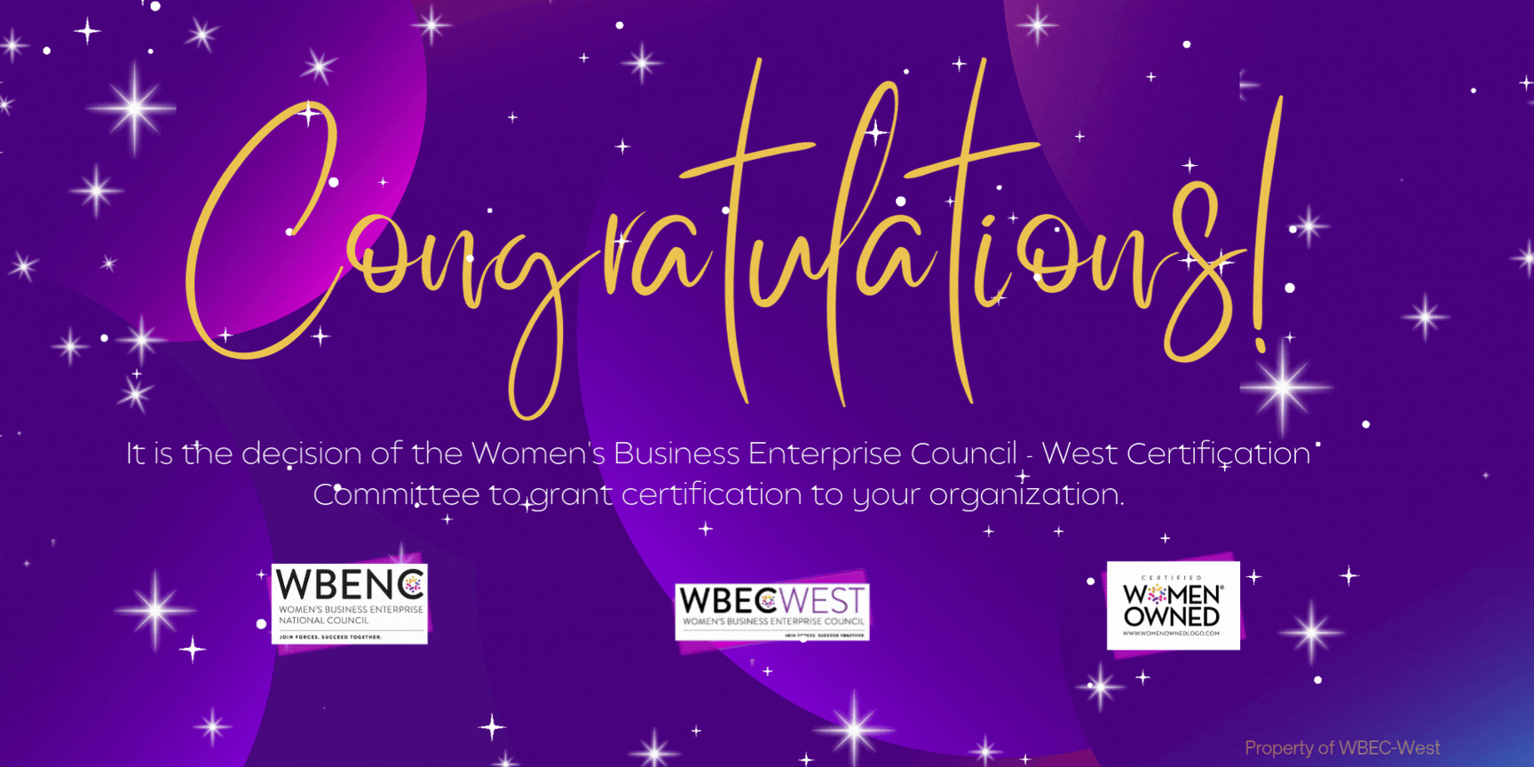 Purple congratulatory banner with gold script, sparkles, and award logos at the bottom.
