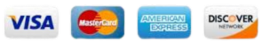 Visa, Mastercard, American Express, and Discover logos on a white background