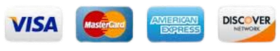 Visa, MasterCard, American Express, and Discover payment logos on a white background