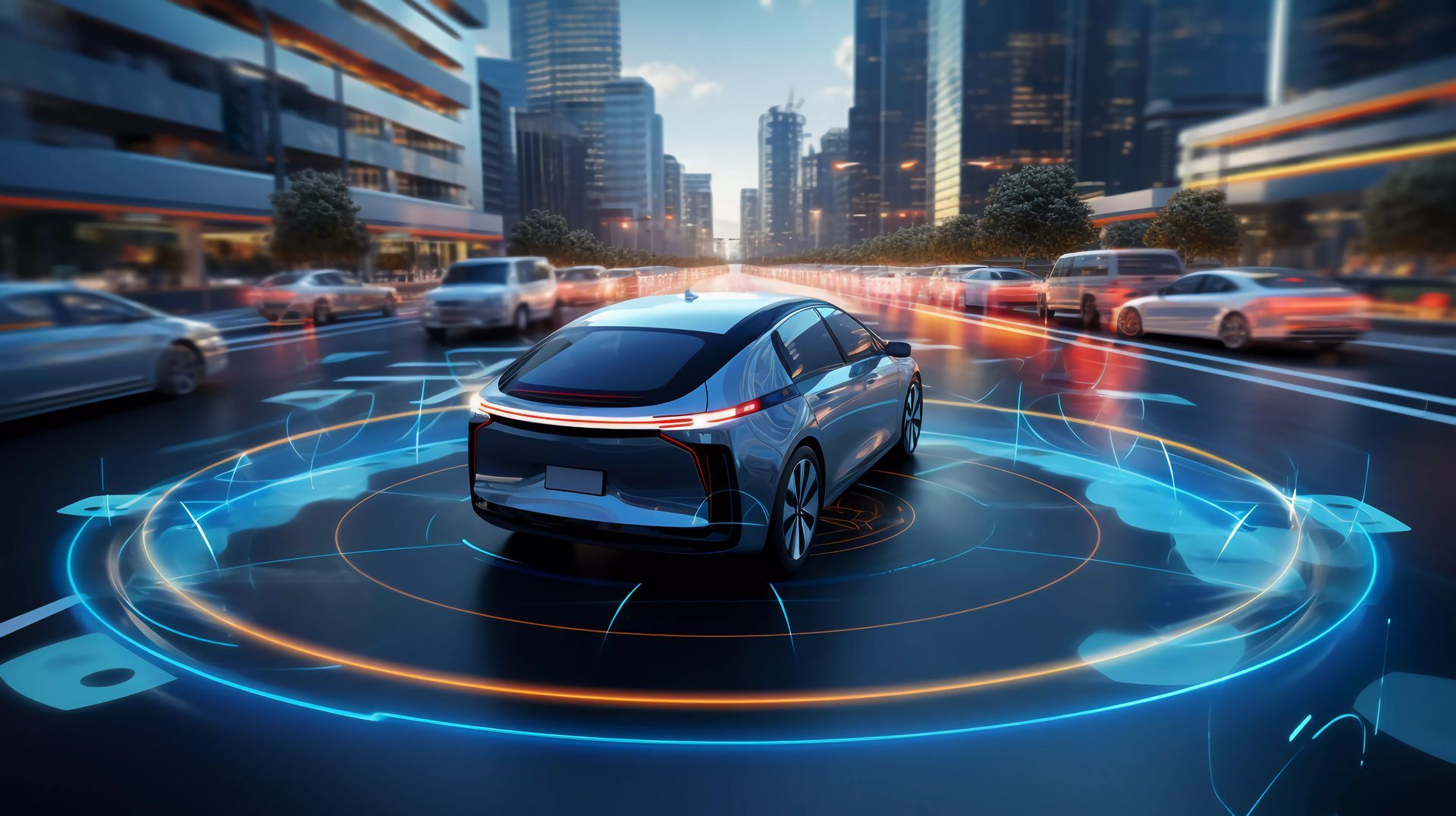 A self driving car is driving down a city street.