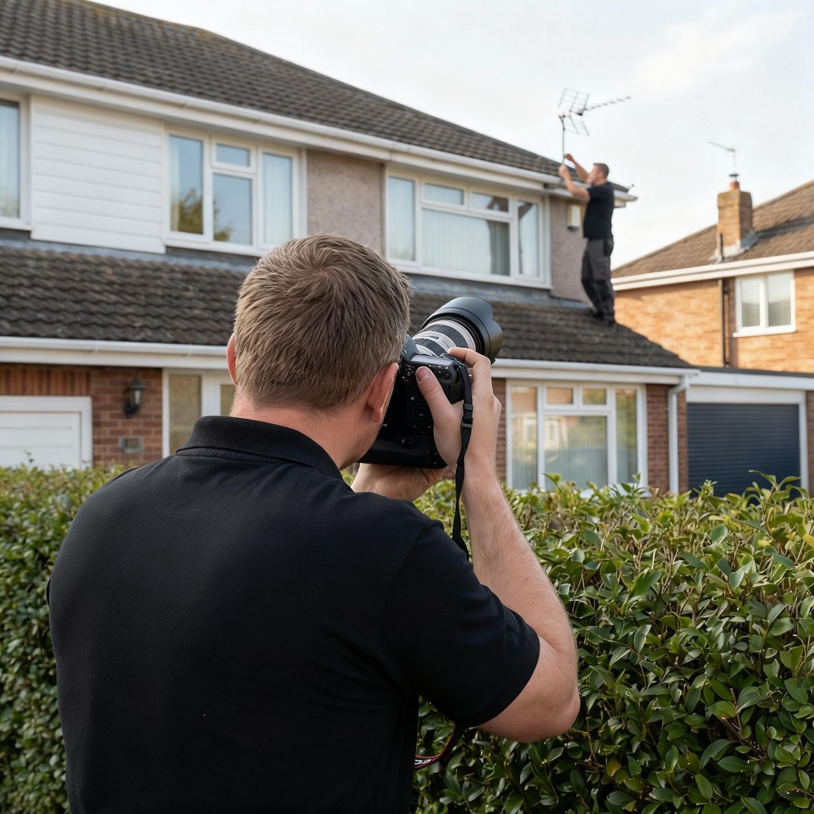 Photographer taking a photo of a person on a roof adjusting an antenna on a house.