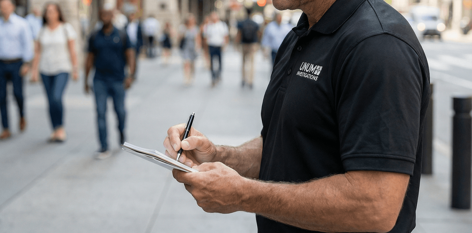 Person in black shirt taking notes on a notepad on a city sidewalk with pedestrians in the background.