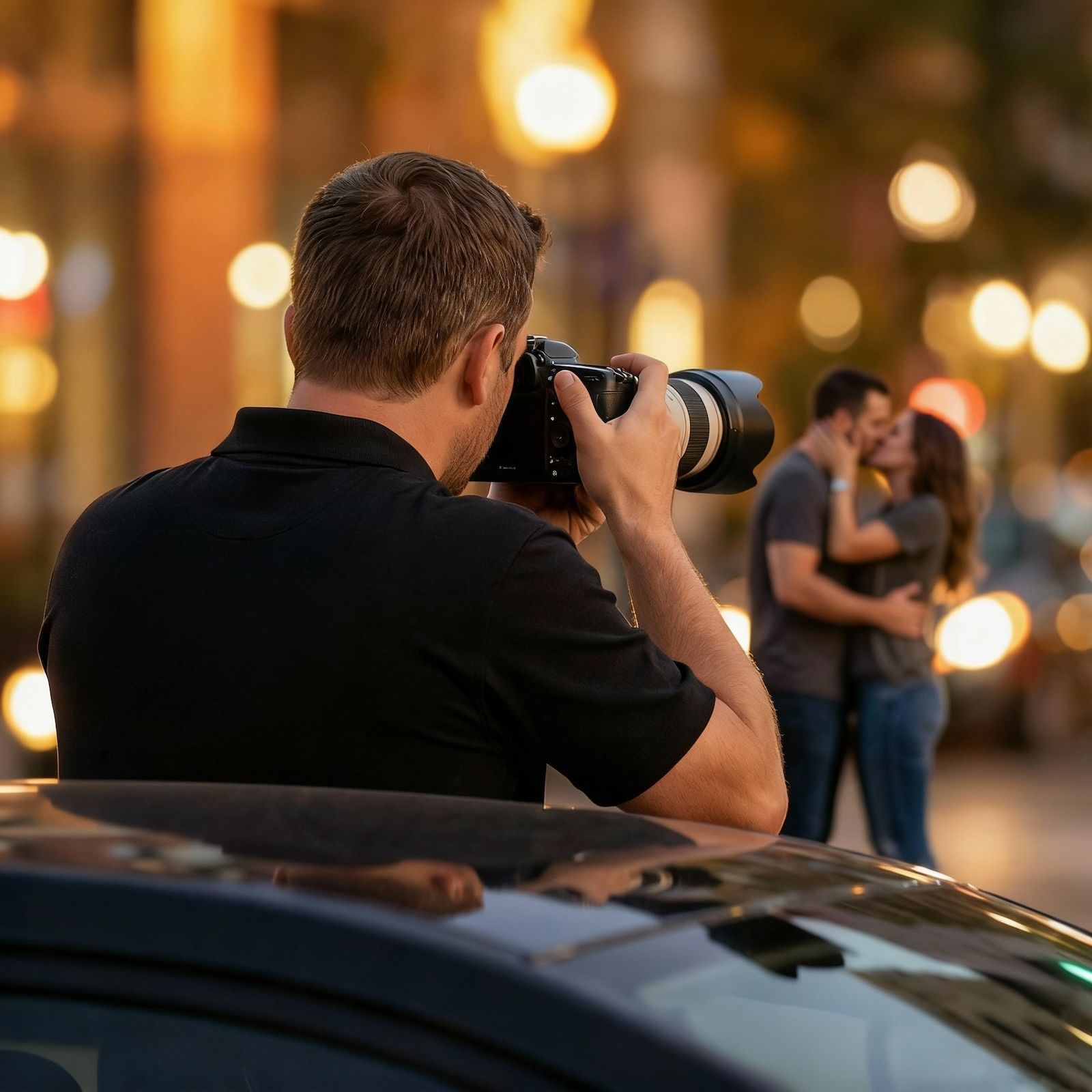 Photographer with camera taking a picture of a couple kissing, at dusk. City lights and car.