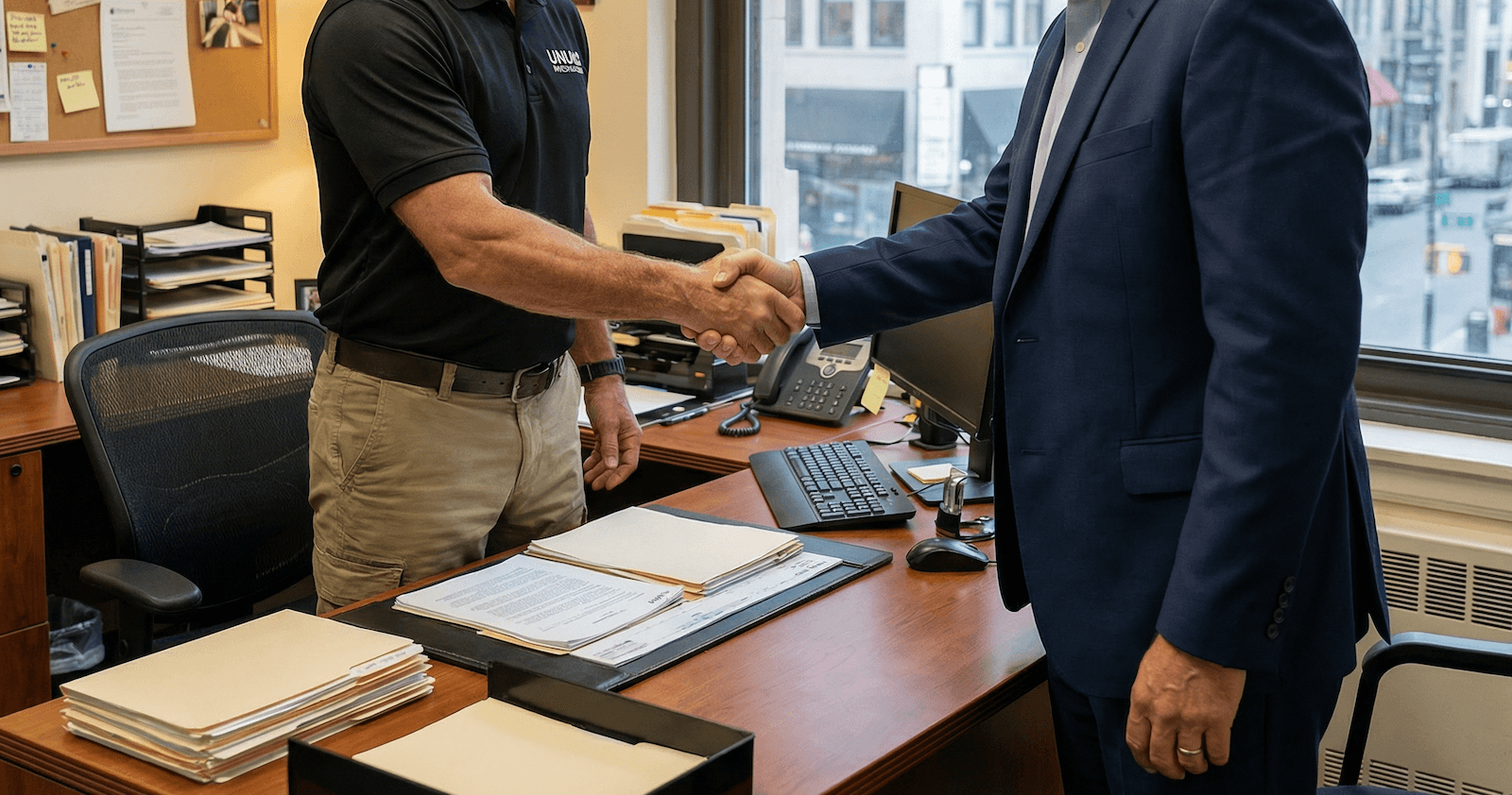 Two men shake hands in an office, desk with papers, a window is behind them.