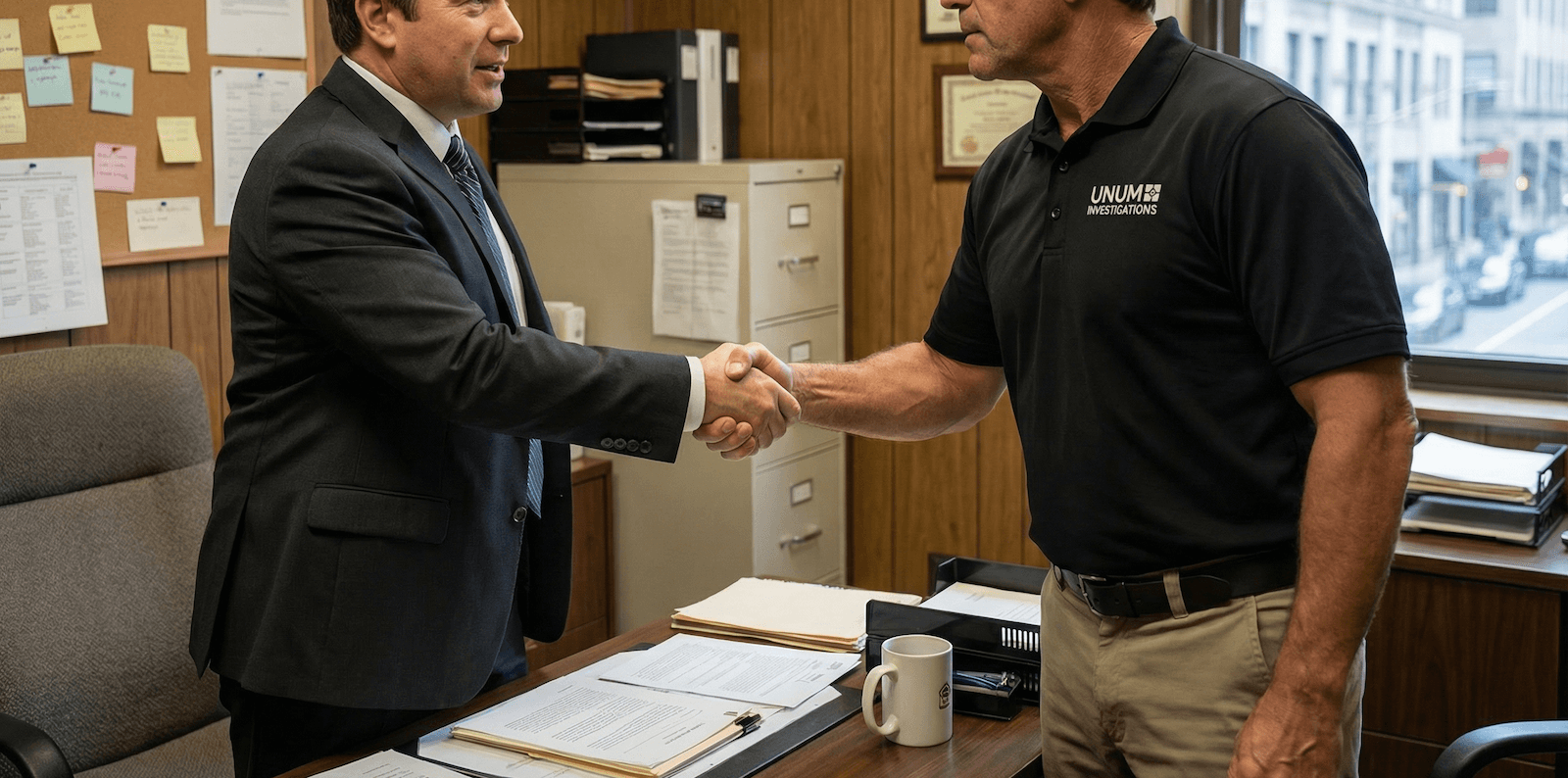 Two men shaking hands in an office setting. One wears a suit, the other a black polo shirt and khaki pants.