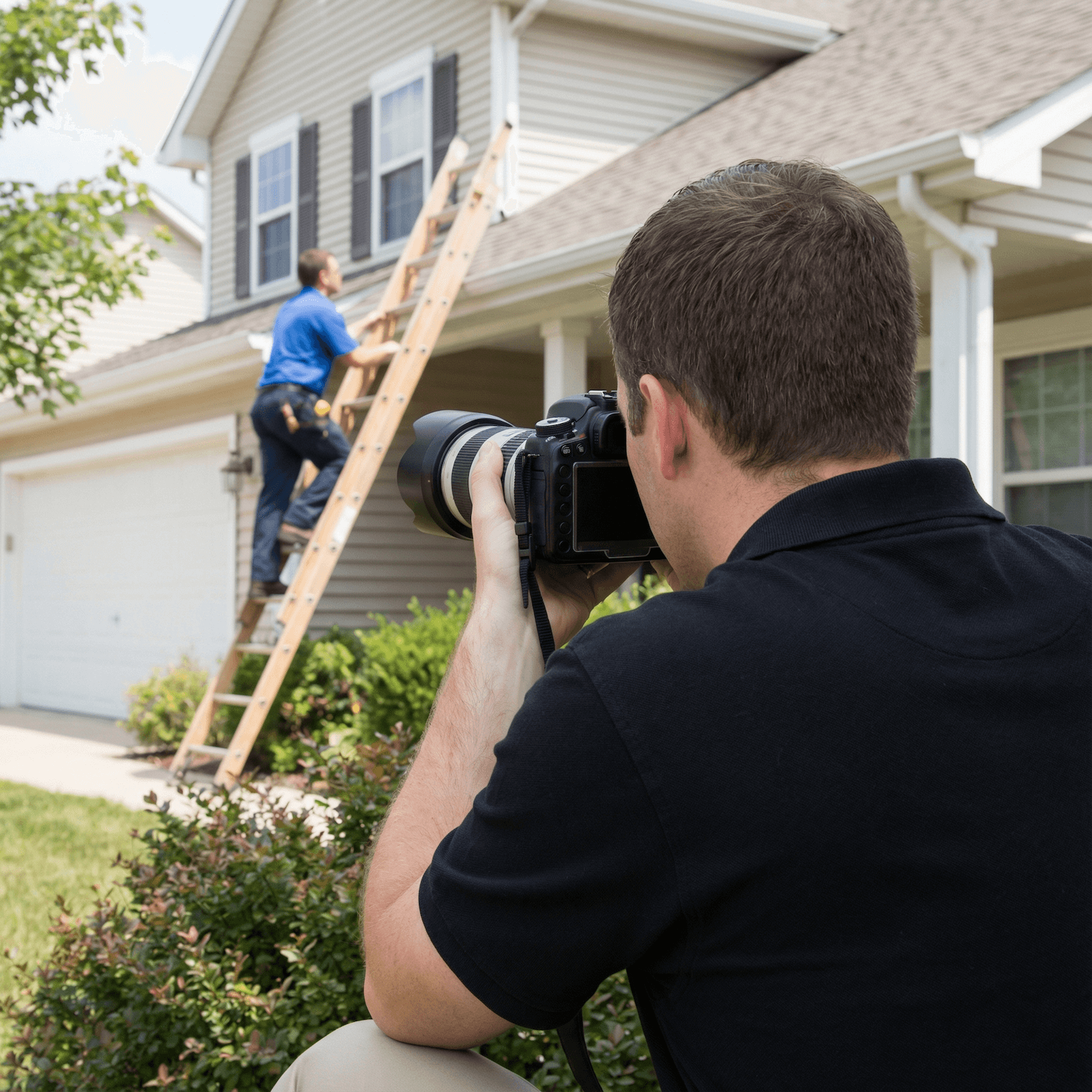 Photographer taking a photo of a person on a ladder working on a house.