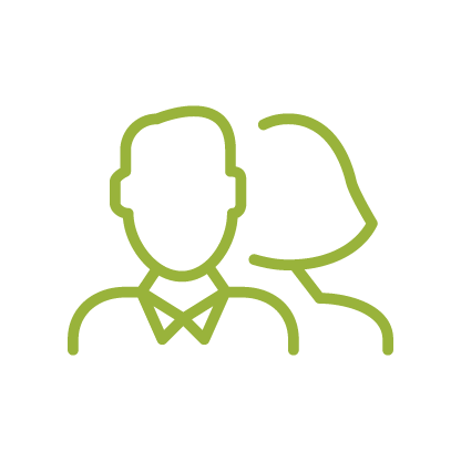 Green outline icon of two overlapping people, one in front and one behind.