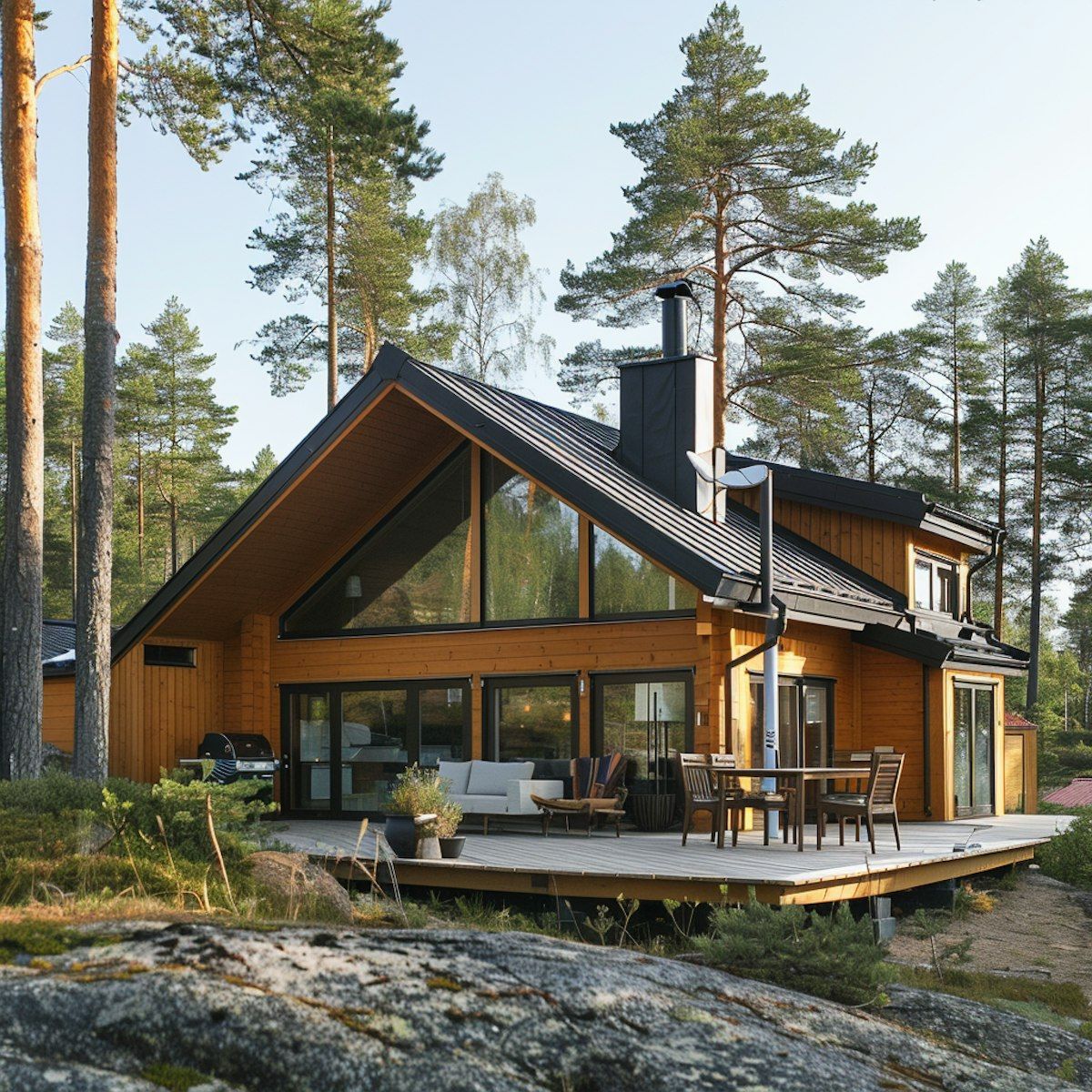 A wooden house with a black roof sits in the middle of a forest