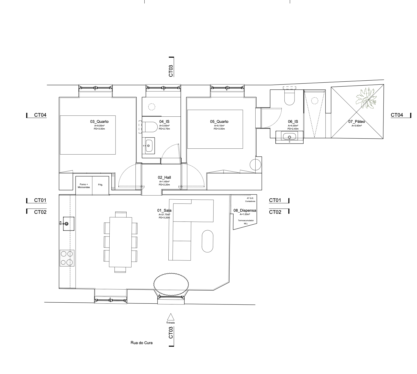 Planta baixa arquitetônica em preto e branco de um apartamento com sala de estar, sala de jantar, cozinha e dois quartos.