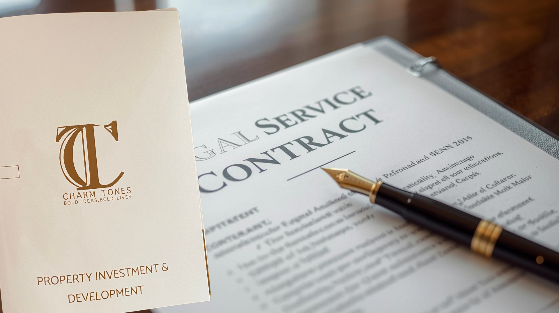 Documento de contrato de prestação de serviços jurídicos com uma caneta e um folheto da empresa sobre uma mesa.