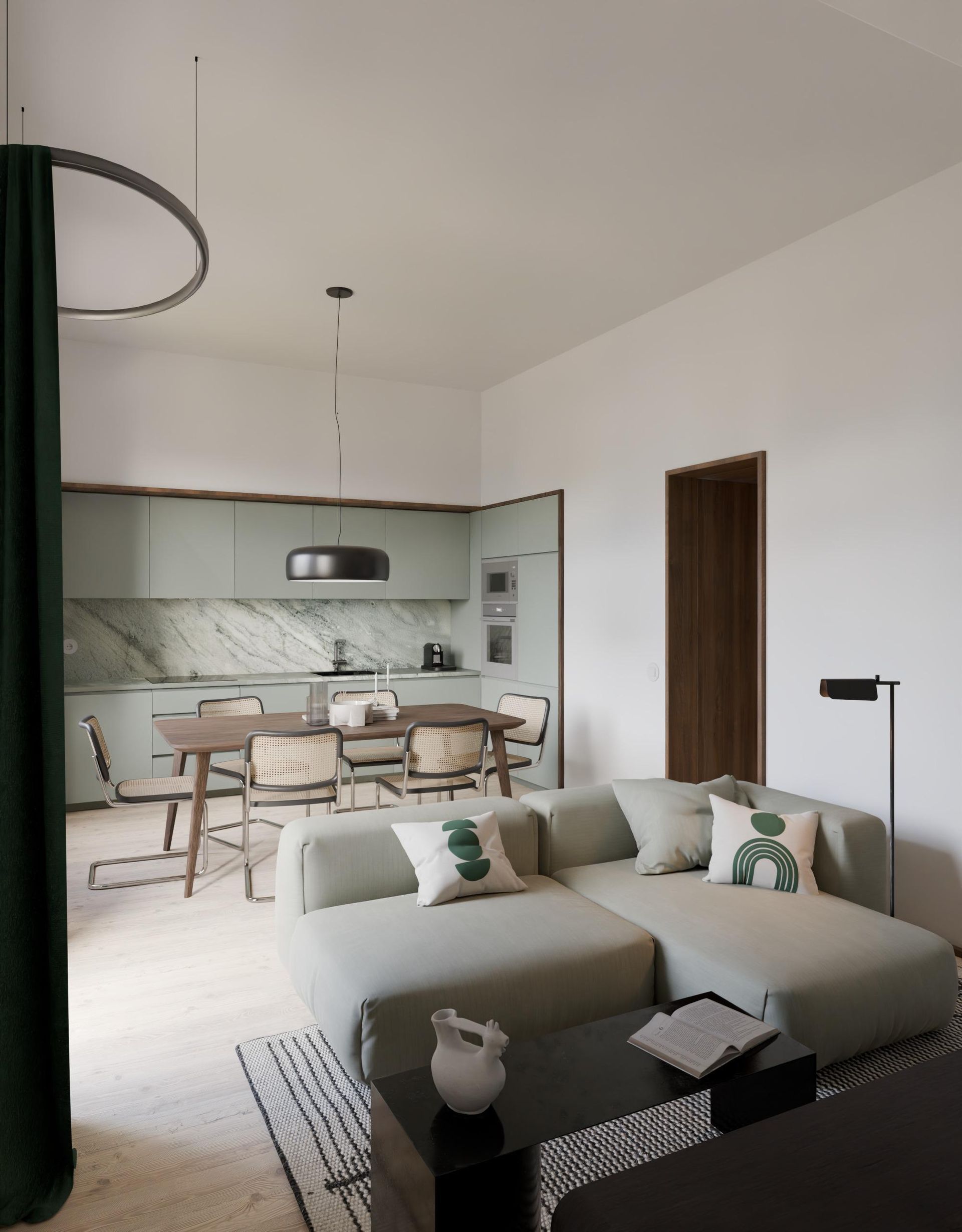 Uma sala de estar e cozinha modernas e integradas, com um sofá modular verde claro, uma área de jantar e detalhes em mármore.