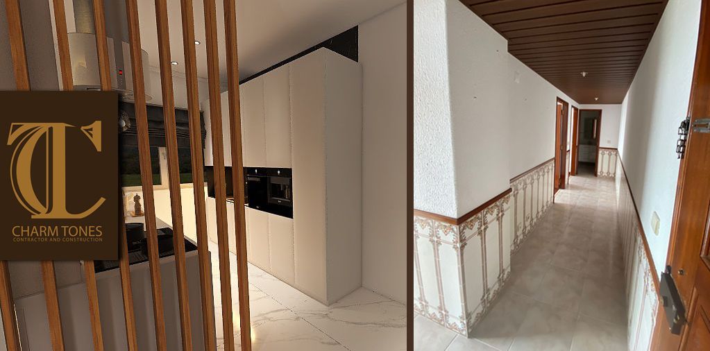 Comparison of a renovated modern kitchen versus an old hallway with traditional Portuguese tiles. 