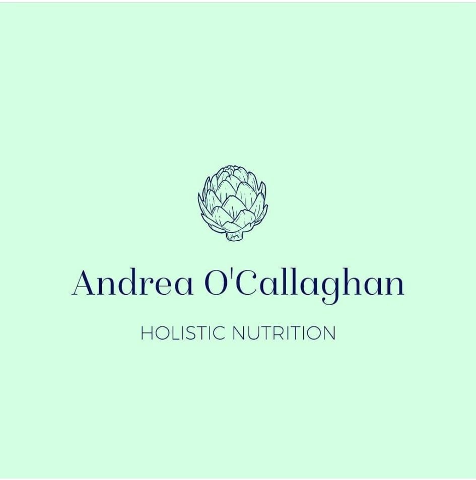 Logo of Andrea O'Callaghan, Holistic Nutrition, with an artichoke illustration in teal on a light green background.