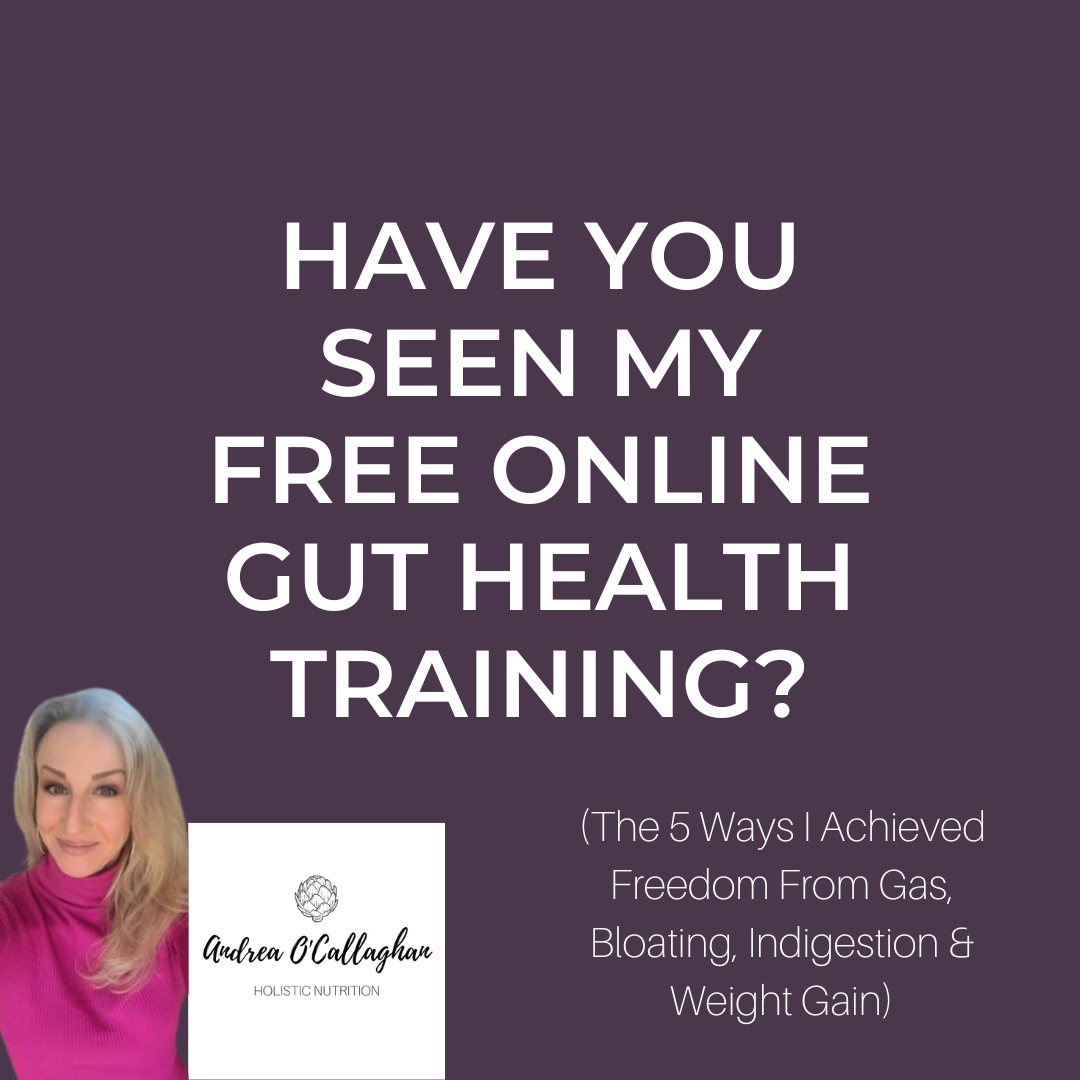 Woman in pink promoting free gut health training. Purple background, white text.