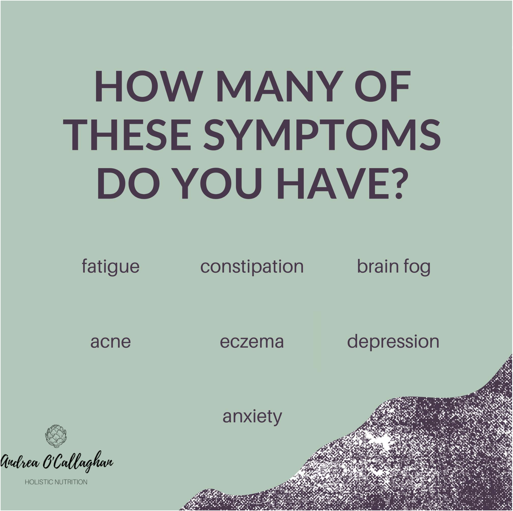 Text asking how many symptoms one has, listing fatigue, constipation, brain fog, acne, eczema, depression, and anxiety.