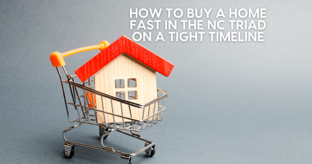 Small wooden house model in a shopping cart, symbolizing fast home buying