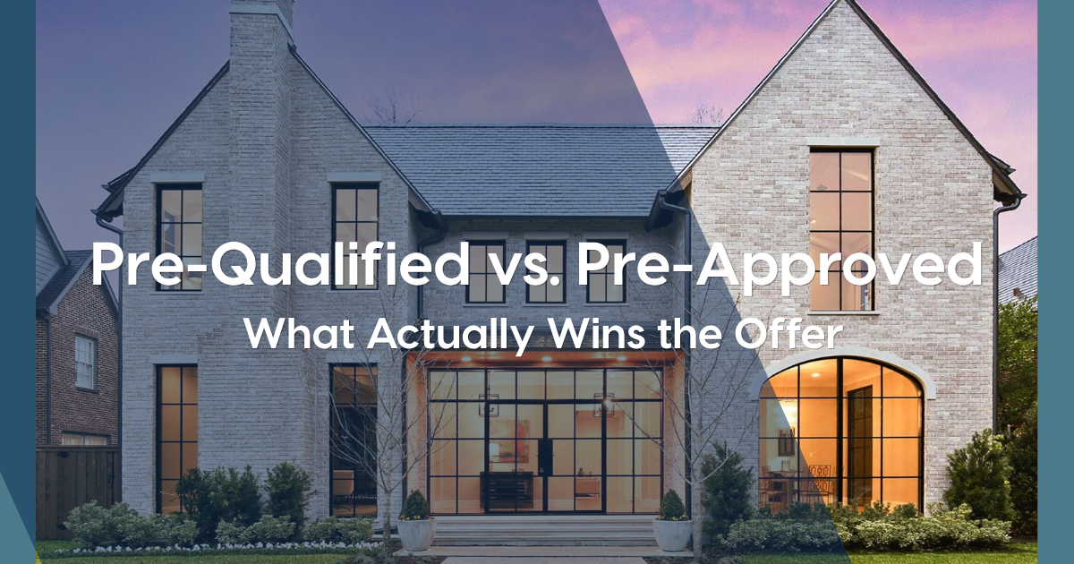Pre-Qualified vs. Pre-Approved graphic over a house at dusk