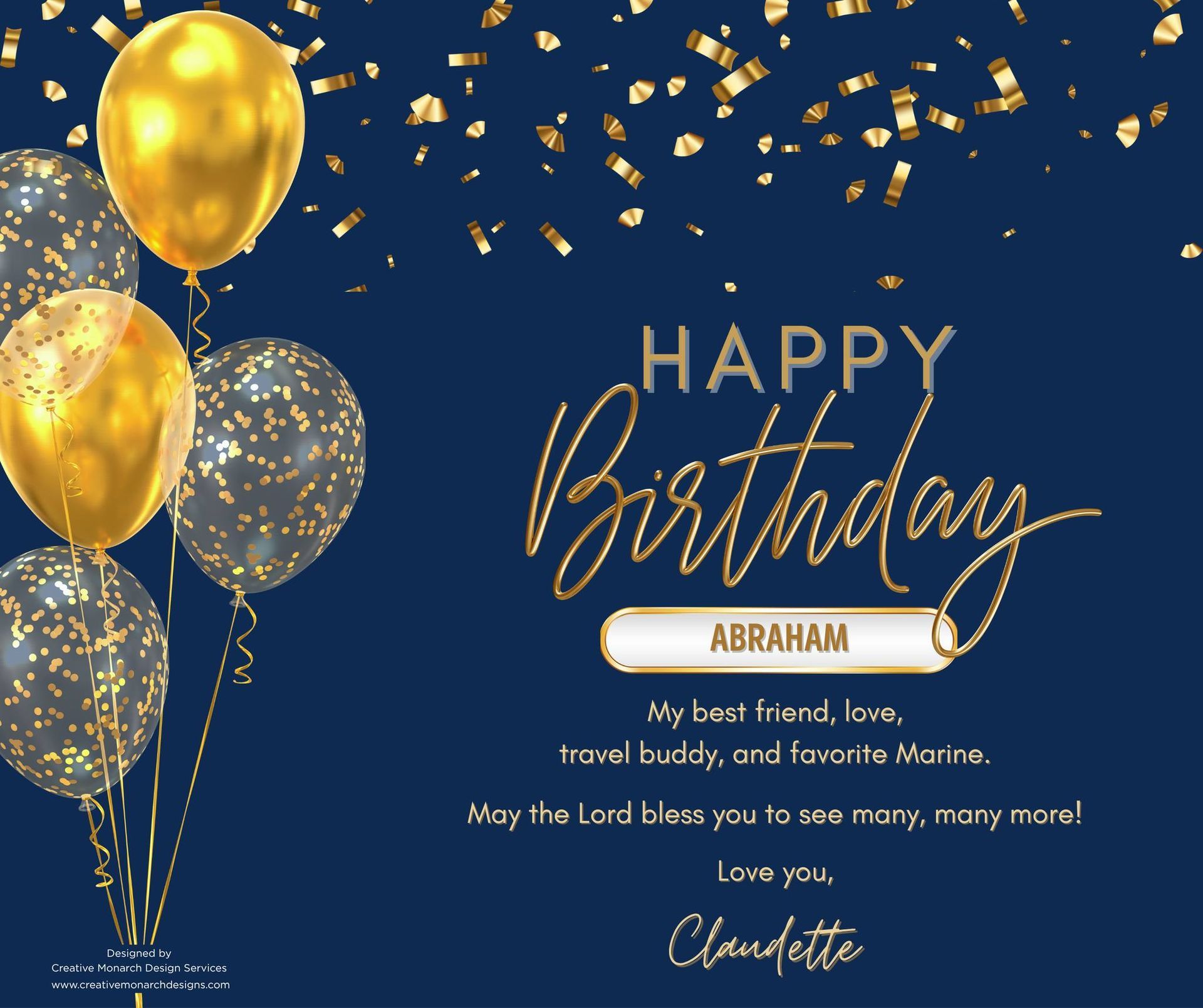 Birthday card for a gentleman with gold balloons and confetti on a navy blue background.