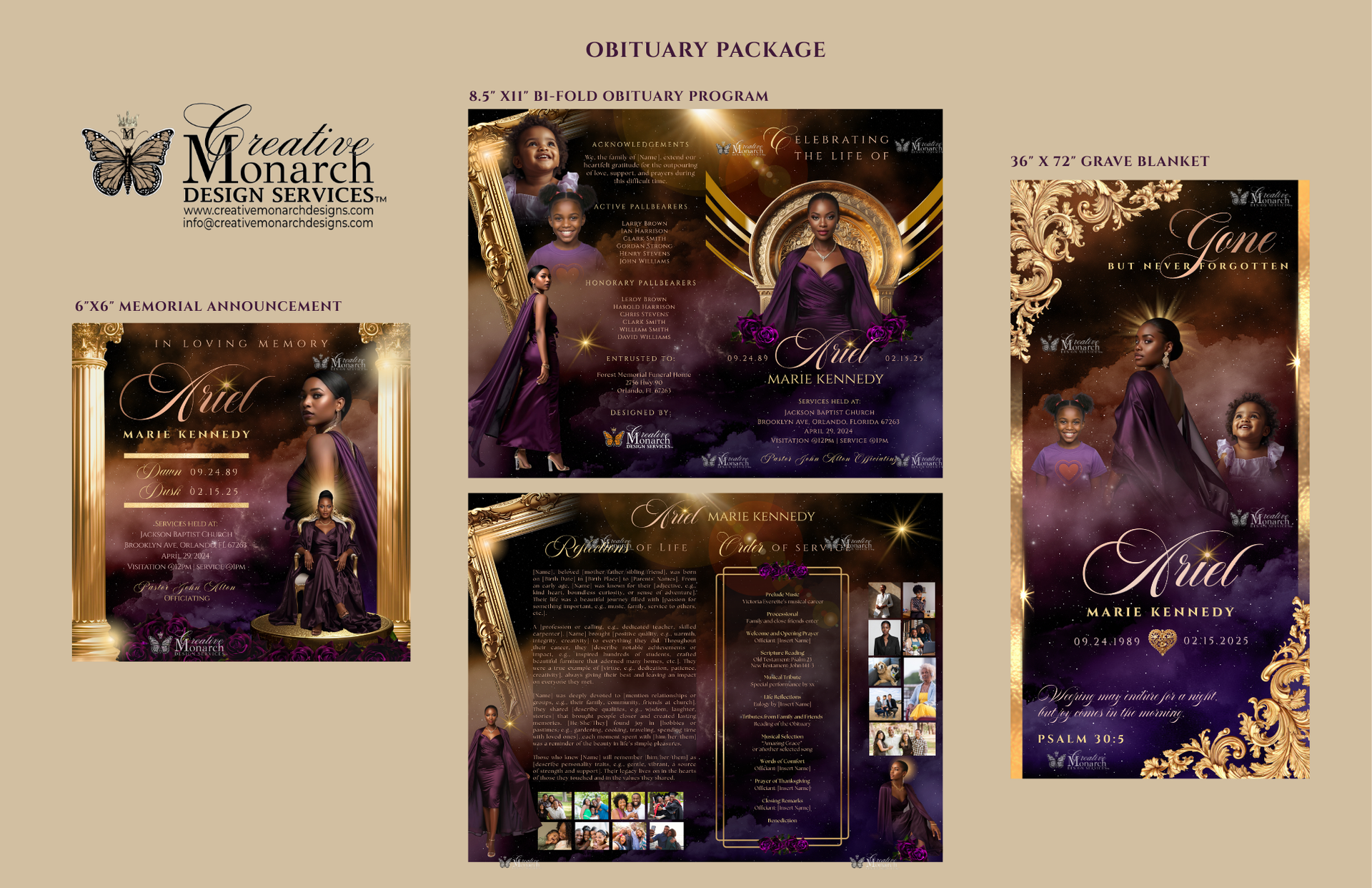 Custom obituary package in purple, gold, and black, with a central portrait and supporting photos and text.