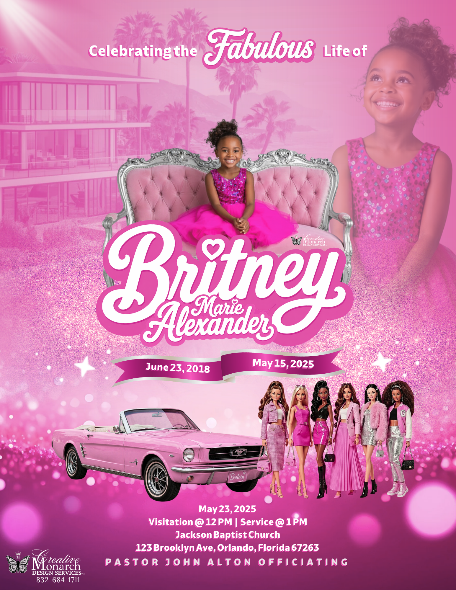 Pink sample obituary cover with the Fabulous Life of theme, date, and images of a beautiful young girl in pink and silver.