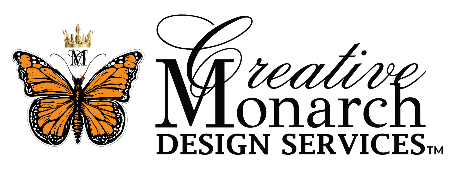 Creative Monarch Design Services logo with orange butterfly and black elegant script text
