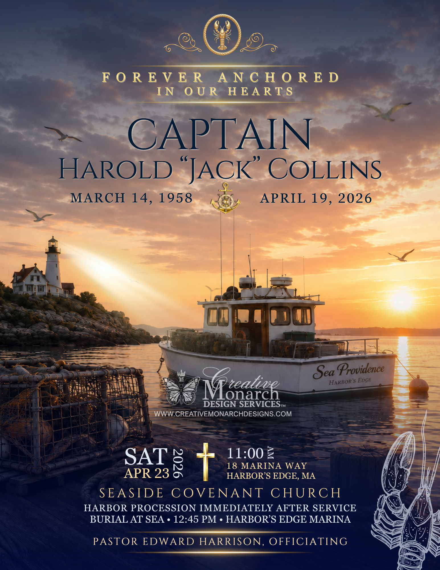 Sample no image service announcement for a lobsterman featuring a sunset harbor boat scene with church service details.