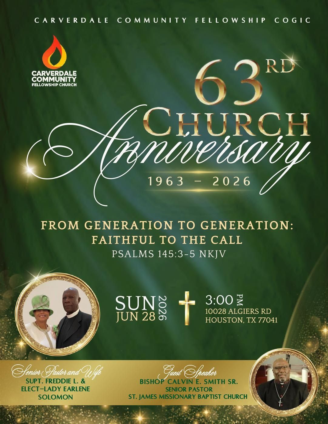 Carverdale Community Fellowship COGIC 63rd church anniversary program, green background, gold text, and two speaker photos.