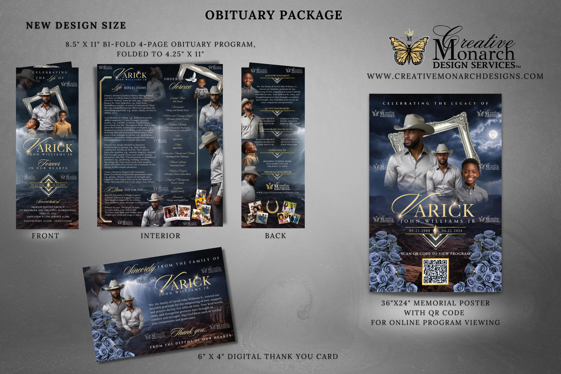 Custom obituary package layout with black and gold funeral program designs and card mockups on a gray background