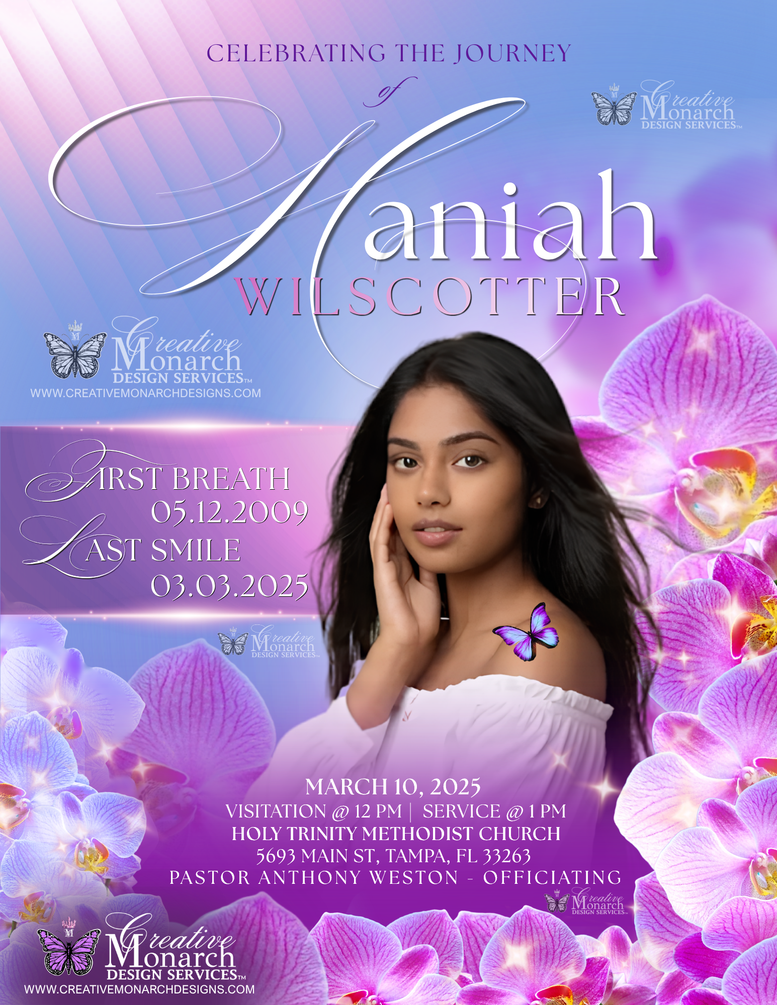 Sample purple floral obituary cover featuring a teen girl's portrait and service details.