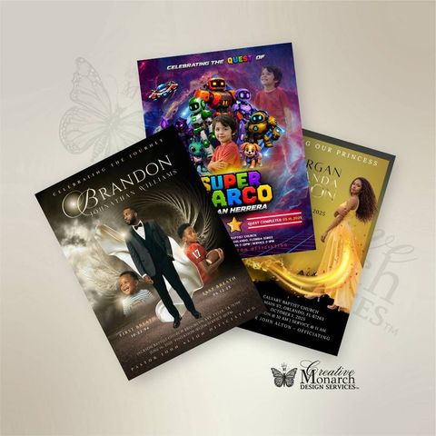 Three colorful event flyers overlapped on a light background with a small logo in the corner