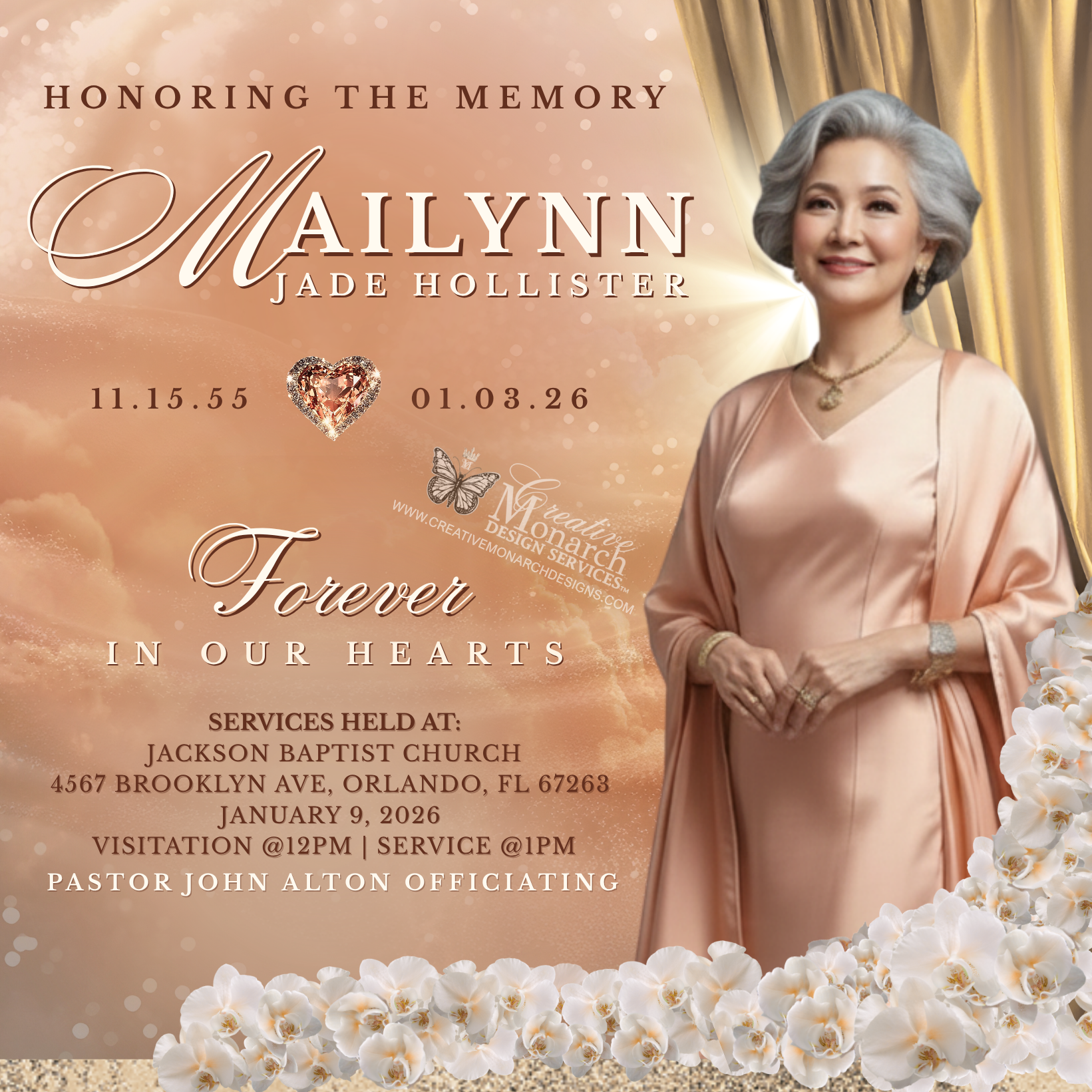 Sample Service announcement for Mailynn Jade Hollister, featuring an image on a peach floral background and service details.