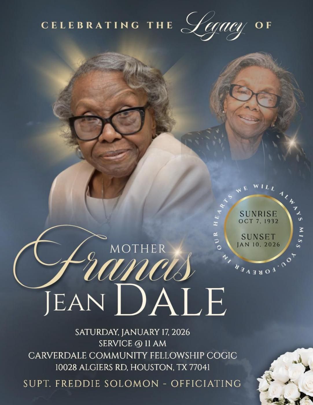 Custom obituary program with a blue background and white flowers, for Mother Francis Jean Dale, featuring two photos and service details.