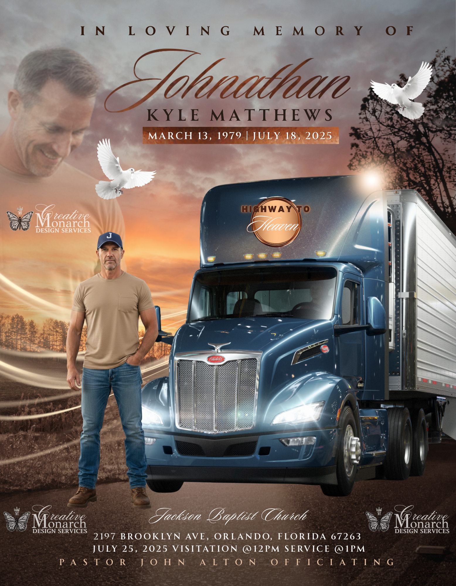 Sample obituary cover featuring a man beside a blue semi-truck at sunset, with service details.