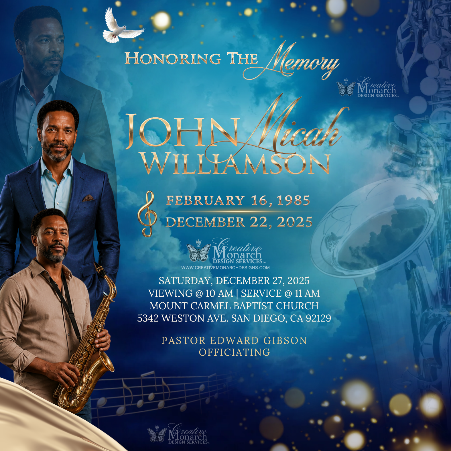 Service announcement with blue background, saxophonist portraits, and text honoring John Michael Williamson.