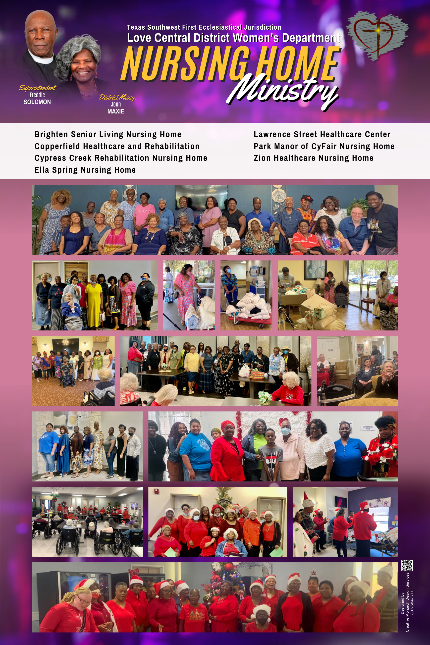 Nursing home ministry collage; people visiting and interacting with elderly residents.