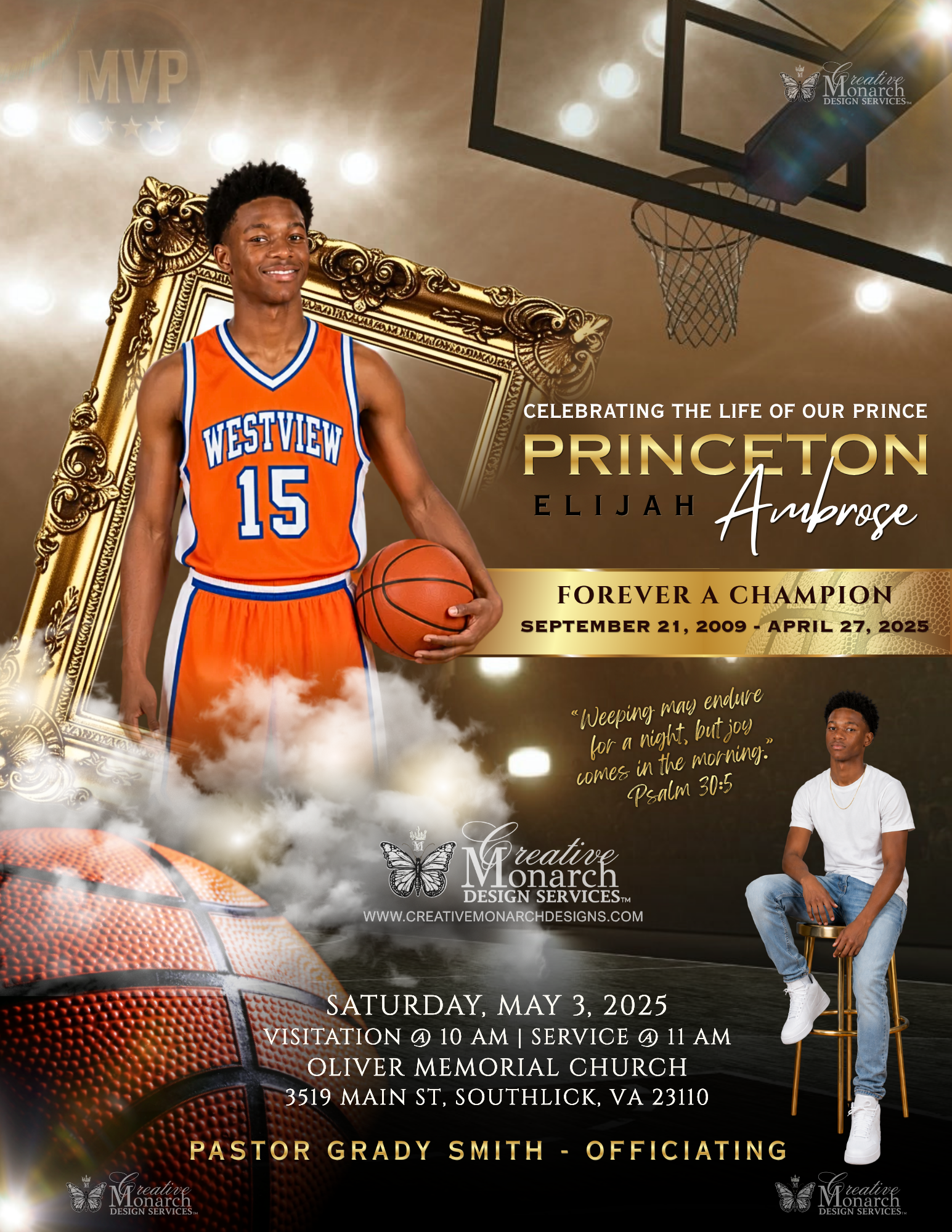 Basketball-themed sample obituary cover with a player in an orange uniform, a hoop background, clouds, and service details.