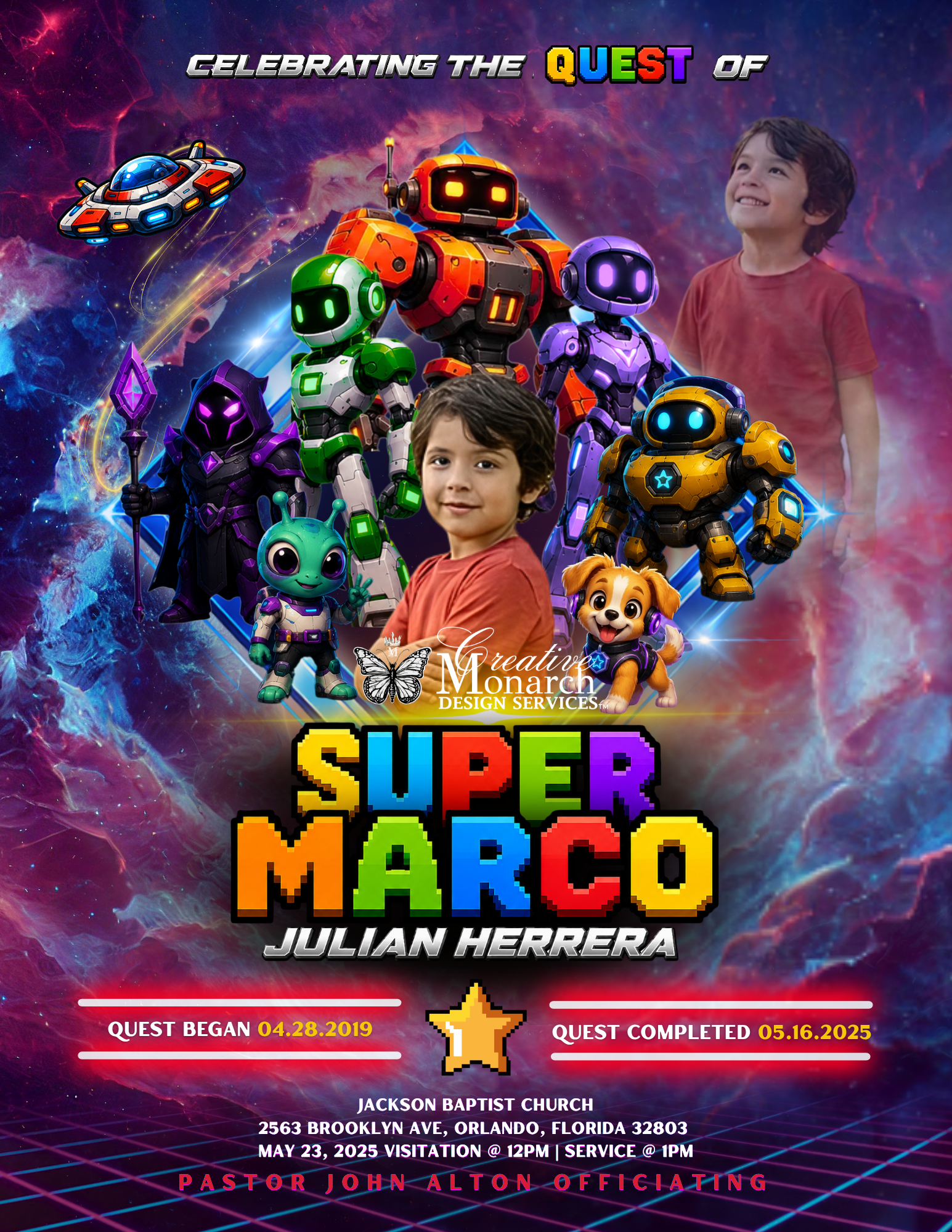 Robot-themed obituary sample cover with colorful game characters, images of a boy, and a purple cosmic background.