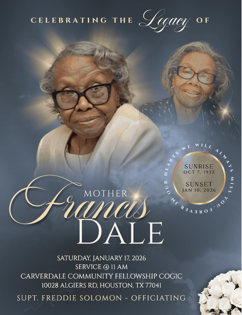 Funeral announcement for Mother Francis Dale, featuring two photos of her and event details.
