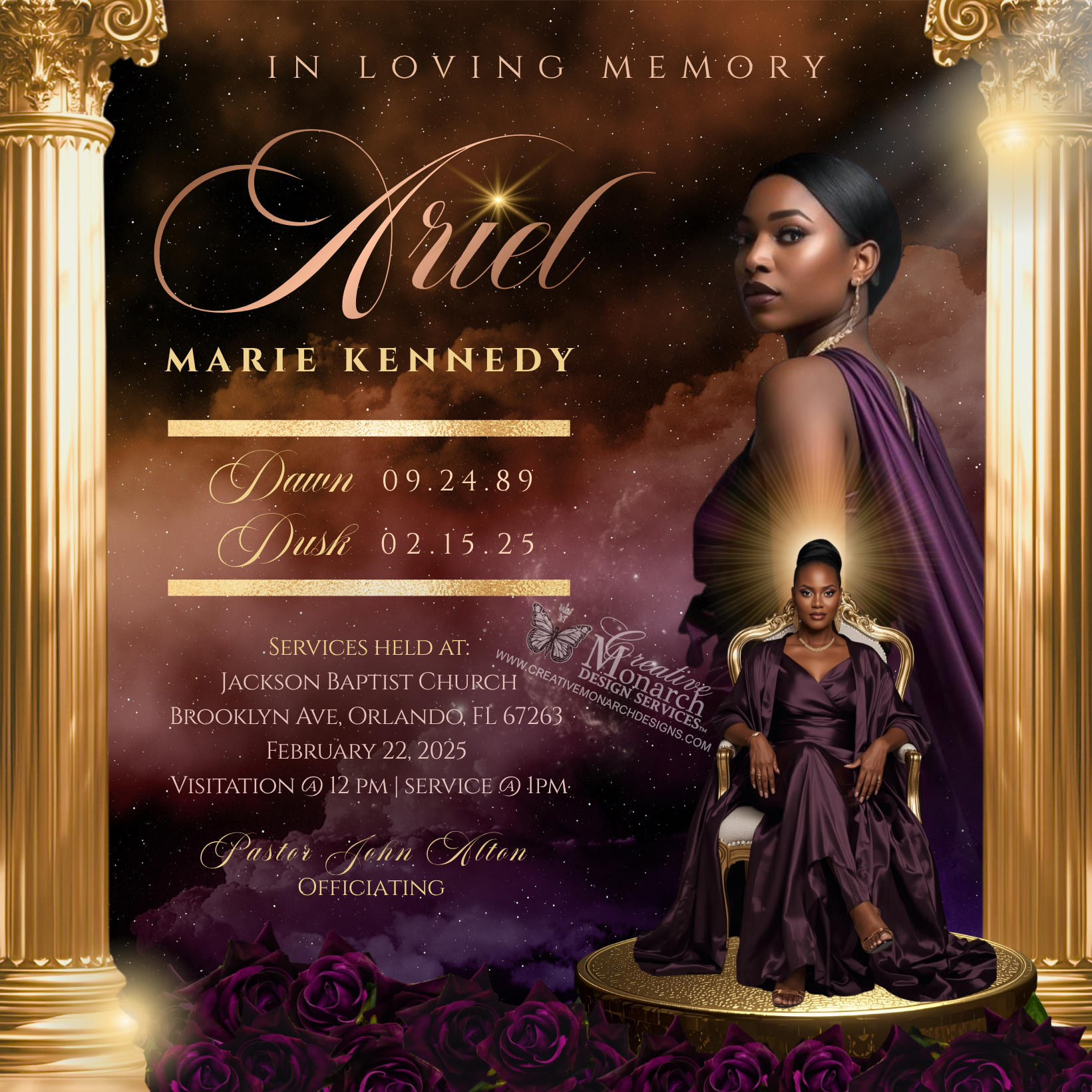 Service announcement with gold columns, purple background, and elegant AI images of Ariel Marie Kennedy.