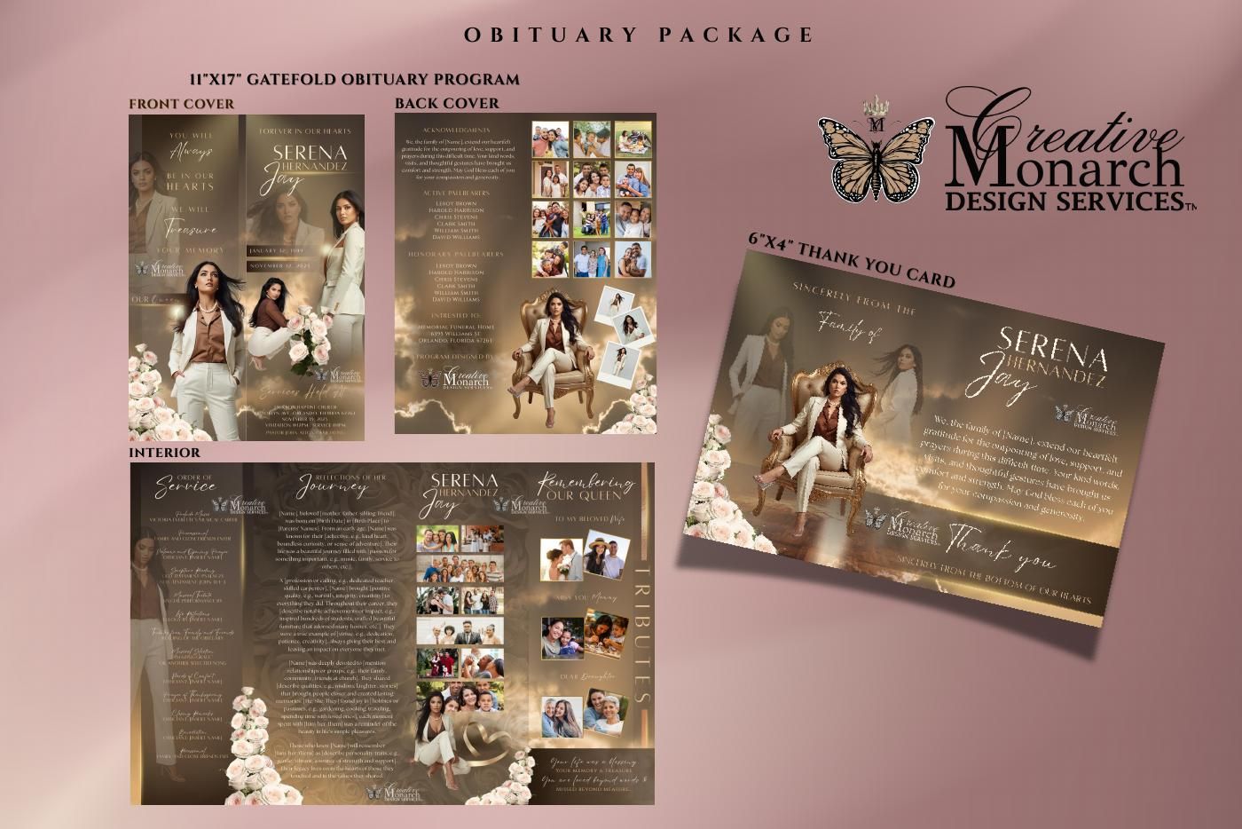 Brochure package design with photos and Creative Monarch Design Services logo, on a gold and pink background.