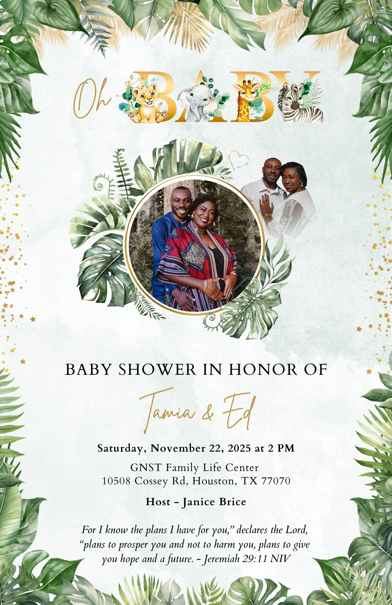 Baby shower invitation featuring a couple's photo, jungle theme, and event details.