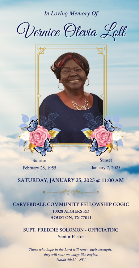17x11 Trifold obituary program with portrait, blue sky background, flowers, and memorial service details for Veronica Octavia Lott