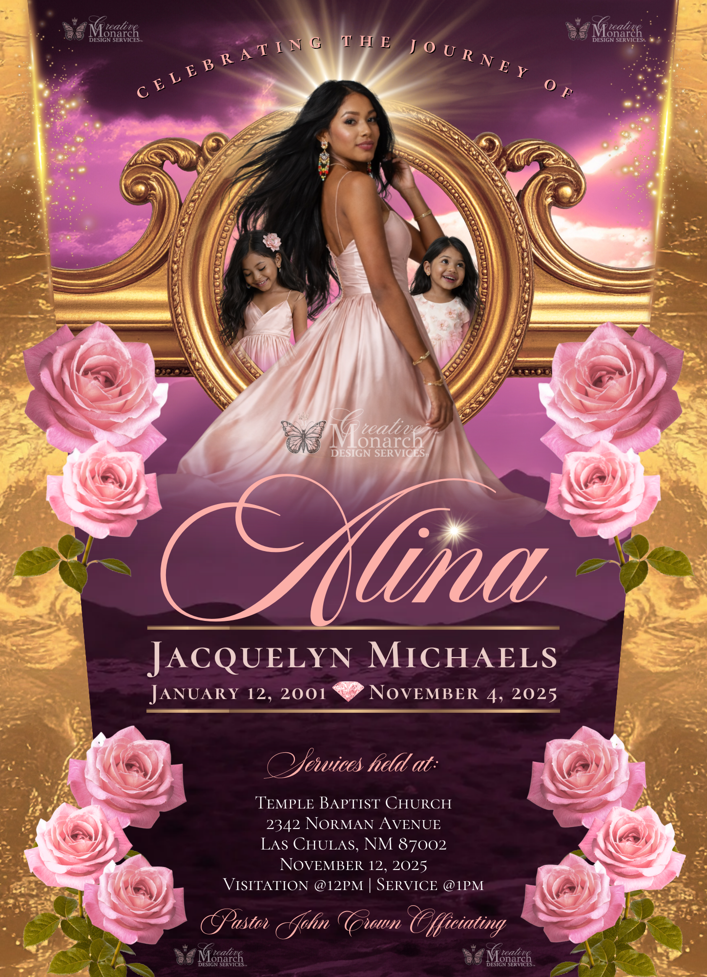 Obituary package in purple, gold, and black with a central portrait, featuring photos and text.