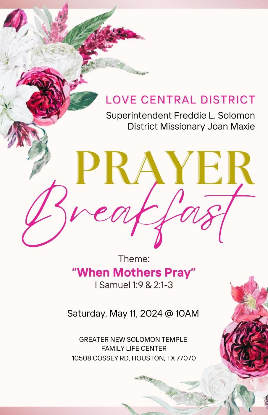 Pink floral 5x7 card for a “Prayer Breakfast” themed “When Mothers Pray,” with event details and date.