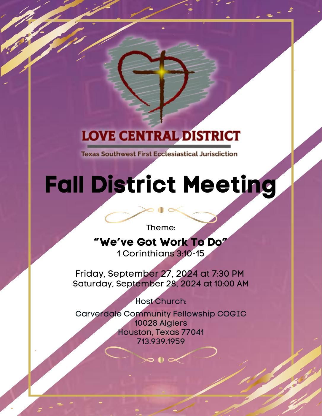 Purple program cover for the Love Central District Fall Meeting in Houston, September 2024.