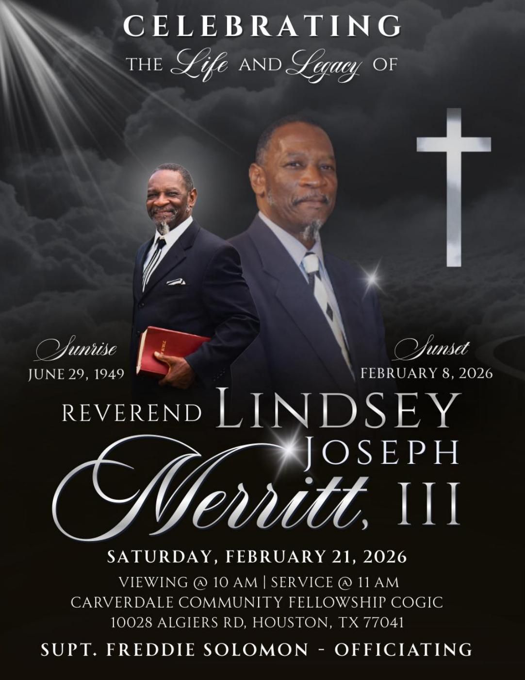 Rev. Lindsey Joseph Merritt III obituary program, Jun. 24, 1949-Feb. 8, 2026. Dark gray clouds background with the name in silver and service details in white.