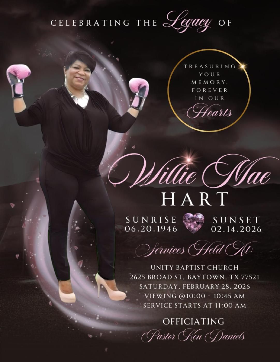 Custom obituary program cover for Ms. Willie Mae Hart with black, pink, and gold, and service details.