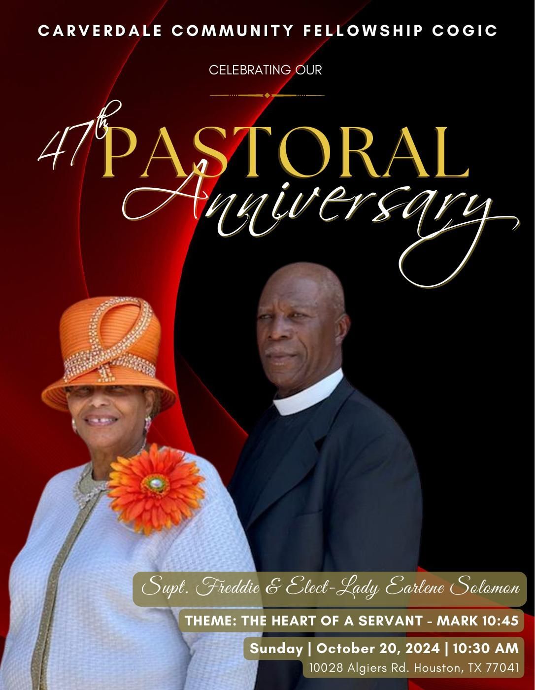 Poster for 47th Pastoral Anniversary at Carverdale Community Fellowship COGIC, featuring a couple.