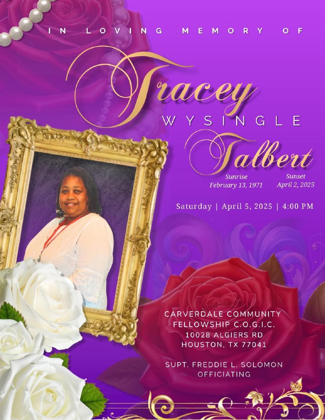 Memorial invitation for Tracey Wysingle Talbert, with a photo in a gold frame, white roses, and a red rose.